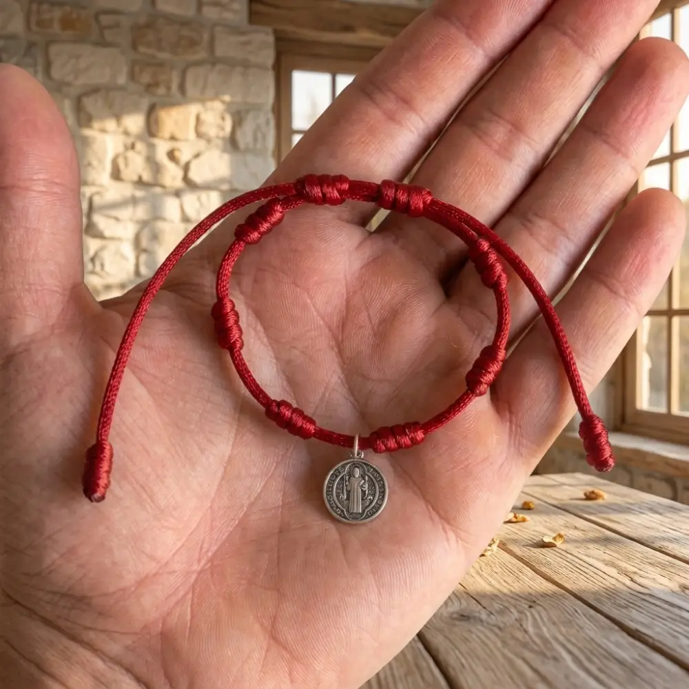 Pulsera de 7 Nudos Roja con Medalla de San Benito 1 Pulsera 7 Nudos Roja con Medalla San Benito